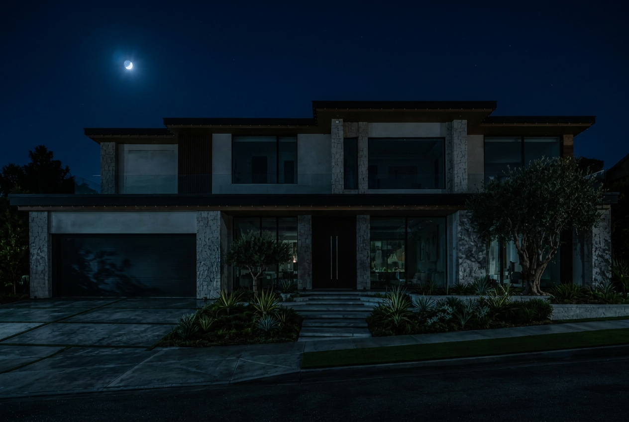 Los Angeles home at night without permanent lighting