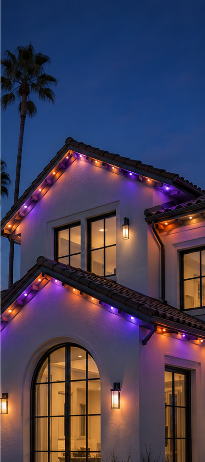 Same home lit in celebratory full-color party lighting