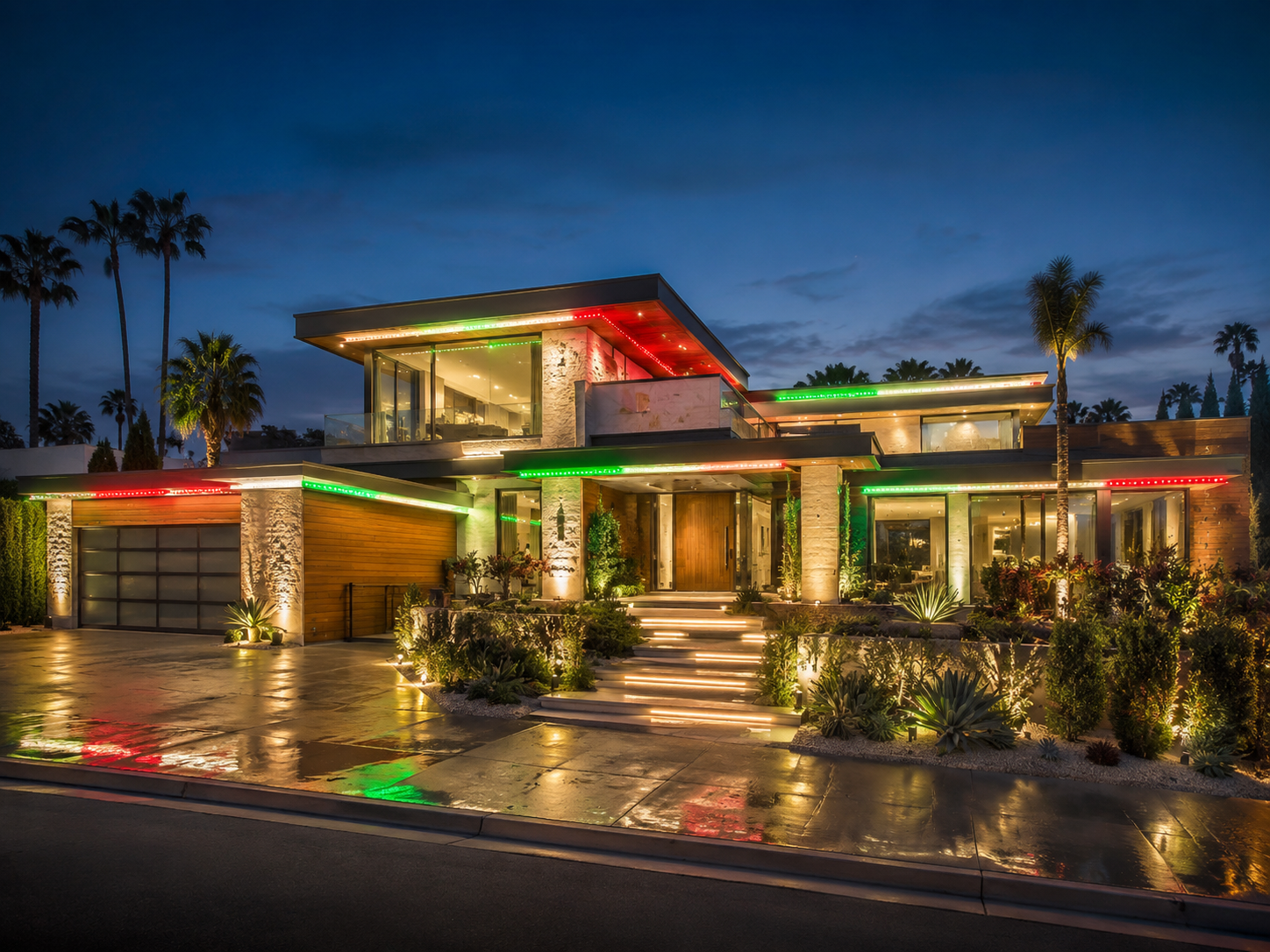 Modern Los Angeles home with color permanent lighting along flat rooflines at blue hour