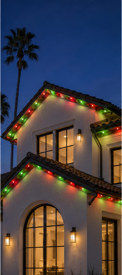 Same home lit in red, green and warm white Christmas colors
